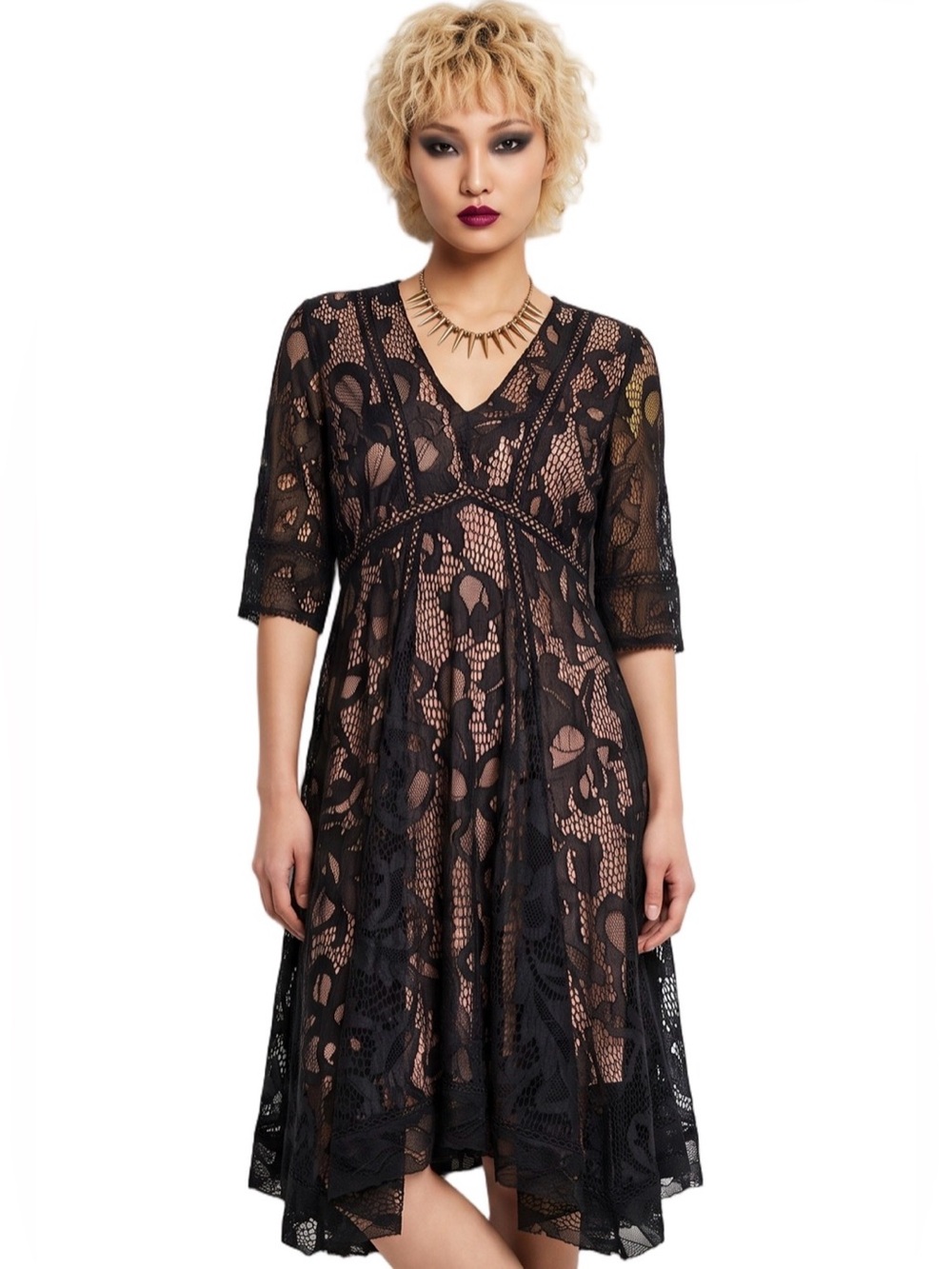TAYLOR Black Lace Vneck short sleeve Fit and flare midi dress Pink lining SIze 6 - Picture 14 of 14
